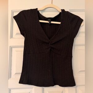 Forever 21 Black Ribbed Twist-Front Cap Sleeve Top